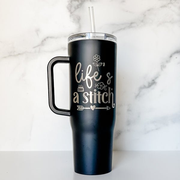 Life's A Stitch - Matte Black - Corkcicle 40oz Cruiser With Plastic Straw