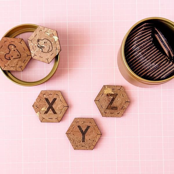 Gold Foil Cork Hexagon Pattern Labels - Full Alphabet