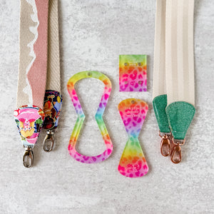 Open Center ROUNDED Fancy Straps - Size 1.5" Webbing To 1/2" Hook - LIMITED COLOR - Rainbow Leopard - Set of 3 - Acrylic Template