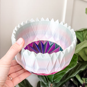 Hand holding a colorful, geometric-patterned bowl with plants in the background