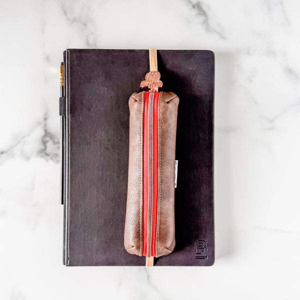 As Seen On OklaRoots! Poochy Pouch - Tall Pencil - Faux Leather Pumpkin Zipper