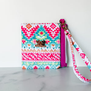 As Seen On OklaRoots!  Passport Pouch - Bonded Nylon Pink and Teal Motif