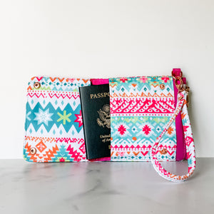As Seen On OklaRoots!  Passport Pouch - Bonded Nylon Pink and Teal Motif