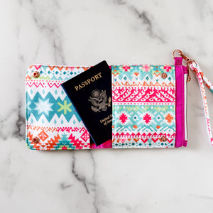 As Seen On OklaRoots!  Passport Pouch - Bonded Nylon Pink and Teal Motif