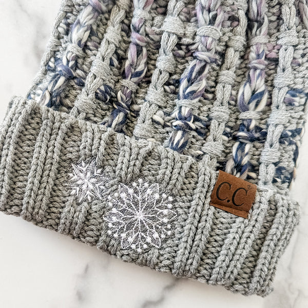 Grey Snowflake Weave Knit Foldover Beanie