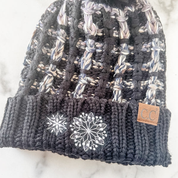 Black Snowflake Weave Knit Foldover Beanie