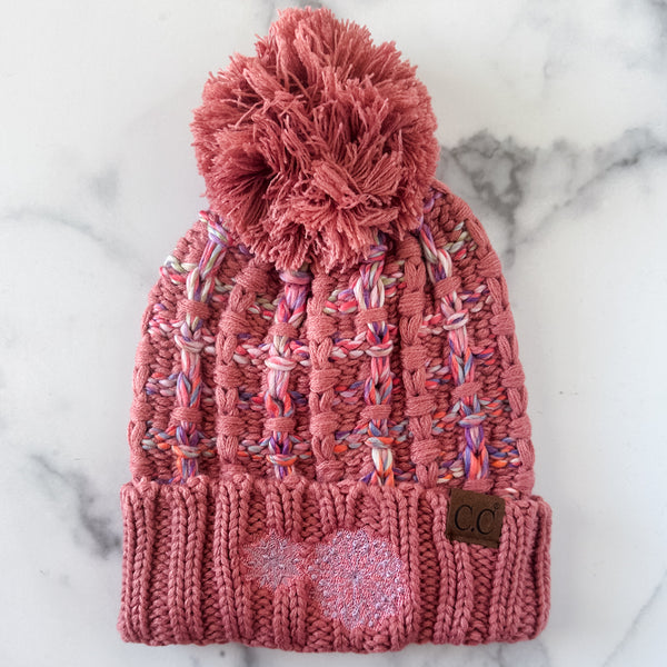 Pink Snowflake Weave Knit Foldover Beanie
