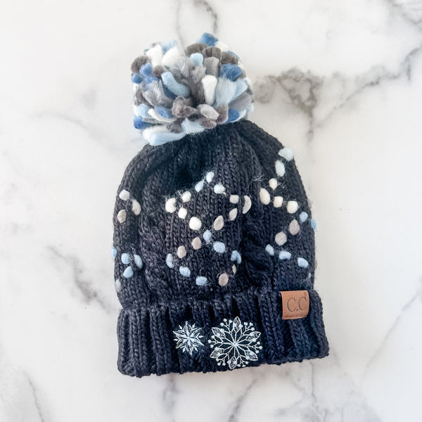 Black and Blue Dot - Snowflake - Chunky Knit Yarn Pom Beanie