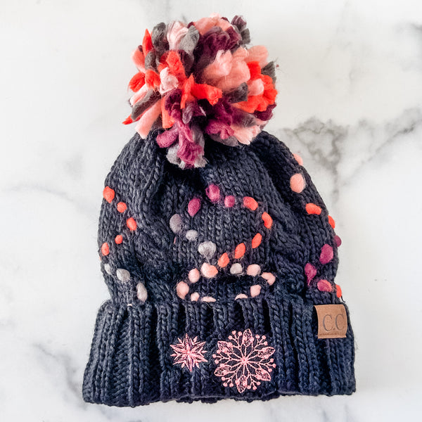 Black and Pink Dot - Snowflake - Chunky Knit Yarn Pom Beanie