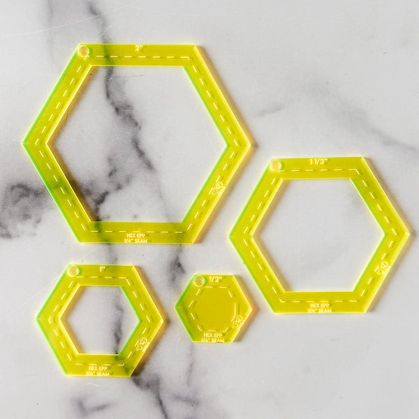 English Paper Piecing Set of 4 - 1/4" Seam Allowance - Hexagons - Neon Yellow - Acrylic Template