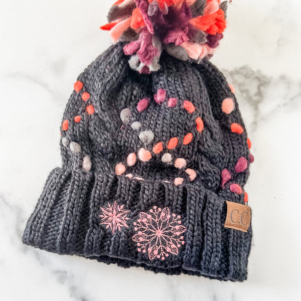 Black and Pink Dot - Snowflake - Chunky Knit Yarn Pom Beanie