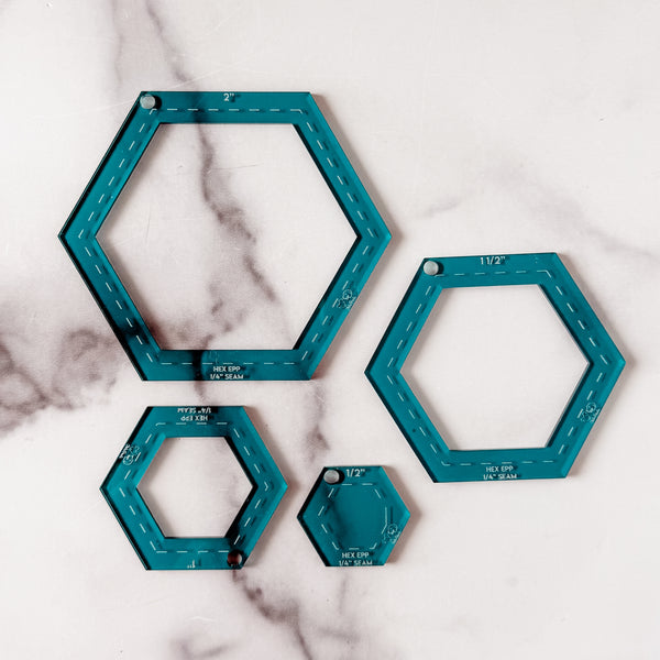 English Paper Piecing Set of 4 - 1/4" Seam Allowance - Hexagons - Teal - Acrylic Template