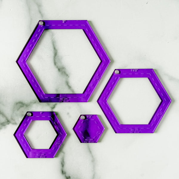 English Paper Piecing Set of 4 - 1/4" Seam Allowance - Hexagons - Purple - Acrylic Template