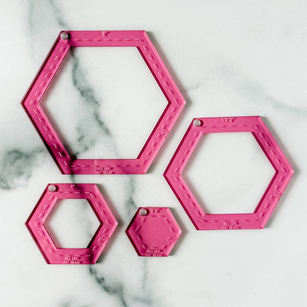 English Paper Piecing Set of 4 - 1/4" Seam Allowance - Hexagons - Pink - Acrylic Template