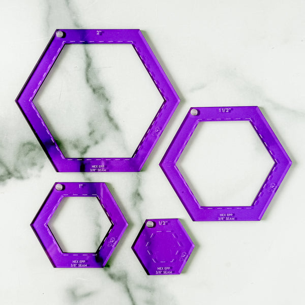 English Paper Piecing Set of 4 - 3/8" Seam Allowance - Hexagons - Purple - Acrylic Template