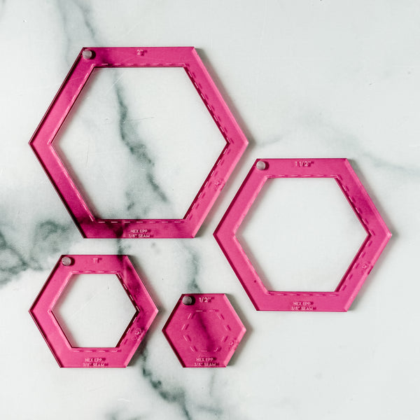 English Paper Piecing Set of 4 - 3/8" Seam Allowance - Hexagons - Pink - Acrylic Template