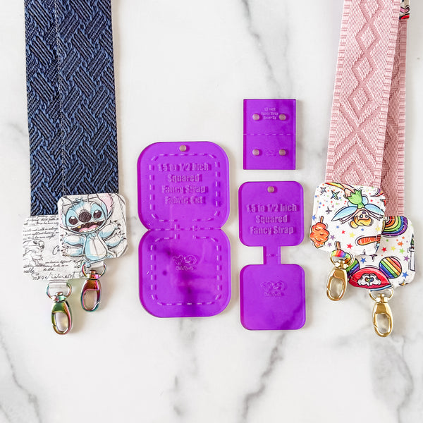 SQUARED Fancy Straps - Size 1.5" Webbing To 1/2" Hook - PURPLE - Set of 3 - Acrylic Template