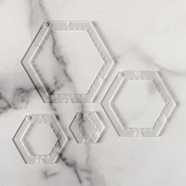 English Paper Piecing Set of 4 - 3/8" Seam Allowance - Hexagons - Clear - Acrylic Template