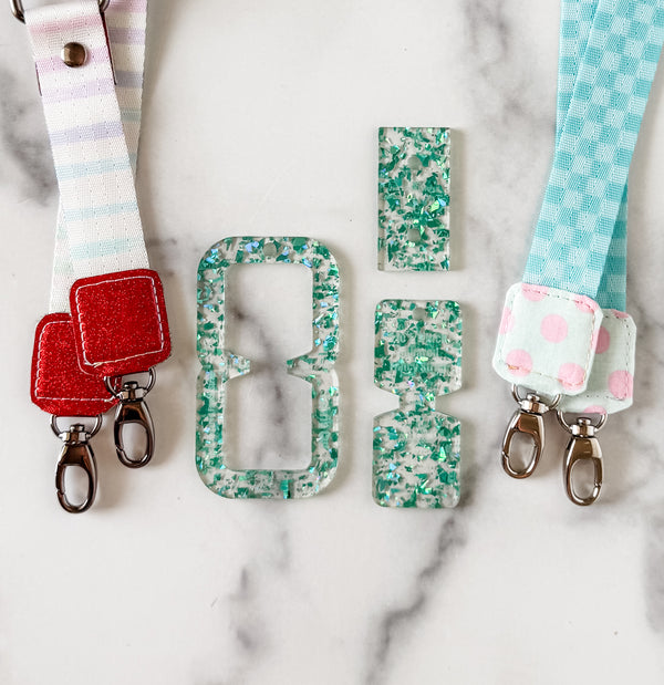 Open Center SQUARED Fancy Straps - Size 1" Webbing To 1/2" Hook - LIMITED COLOR - Teal Foil Flake - Set of 3 - Acrylic Template