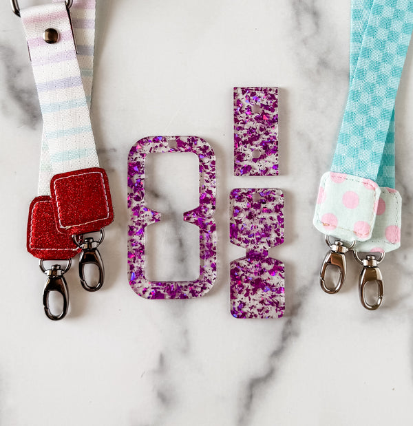 Open Center SQUARED Fancy Straps - Size 1" Webbing To 1/2" Hook - LIMITED COLOR - Purple Foil Flake - Set of 3 - Acrylic Template