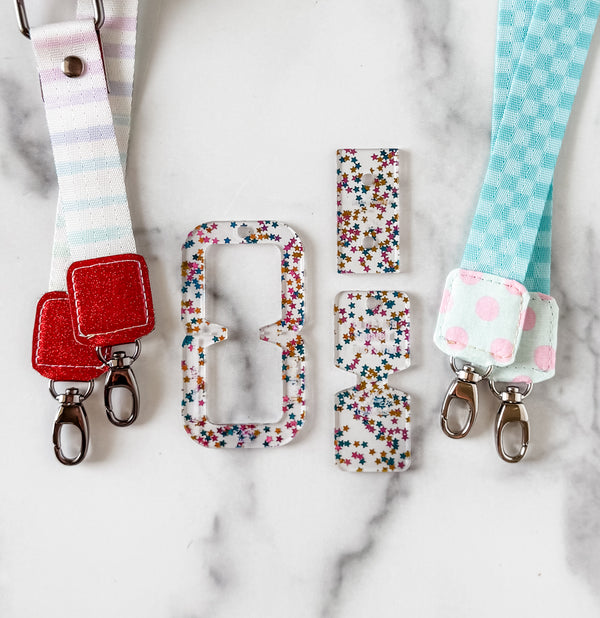 Open Center SQUARED Fancy Straps - Size 1" Webbing To 1/2" Hook - LIMITED COLOR - Pink Blue Gold Stars - Set of 3 - Acrylic Template
