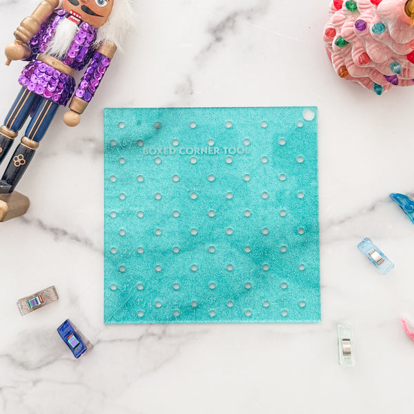Boxed Corner Tool - Square - Half Inch Markings - 6" x 6"  - Glitter Aqua -  Acrylic Template
