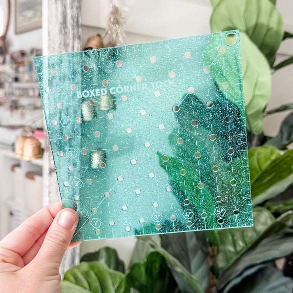 Boxed Corner Tool - Square - Half Inch Markings - 6" x 6"  - Glitter Aqua -  Acrylic Template
