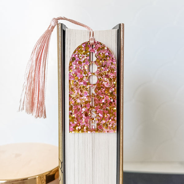 Bookish Bookmark - Gold and Pink Full Glitter - Tassel Color May Vary