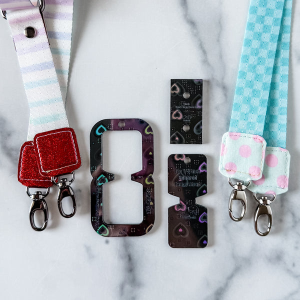 Open Center SQUARED Fancy Straps - Size 1" Webbing To 1/2" Hook - LIMITED COLOR - Dark Holo Hearts - Set of 3 - Acrylic Template
