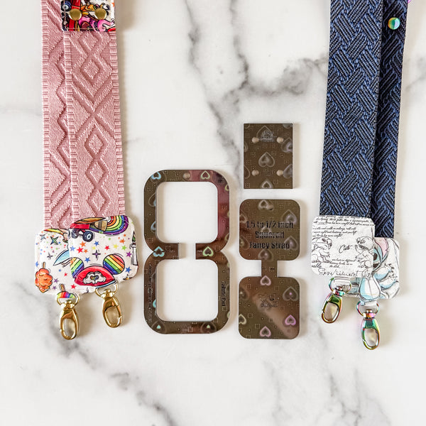 Open Center SQUARED Fancy Straps - Size 1.5" Webbing To 1/2" Hook - LIMITED COLOR - Dark Holo Hearts - Set of 3 - Acrylic Template