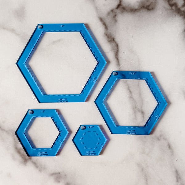 English Paper Piecing Set of 4 - 3/8" Seam Allowance - Hexagons - Blue - Acrylic Template