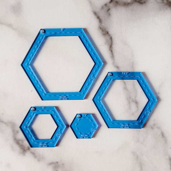 English Paper Piecing Set of 4 - 1/4" Seam Allowance - Hexagons - Blue - Acrylic Template