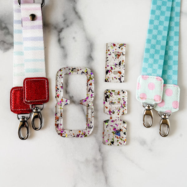 Open Center SQUARED Fancy Straps - Size 1" Webbing To 1/2" Hook - LIMITED COLOR - Mardi Gras Foil - Set of 3 - Acrylic Template