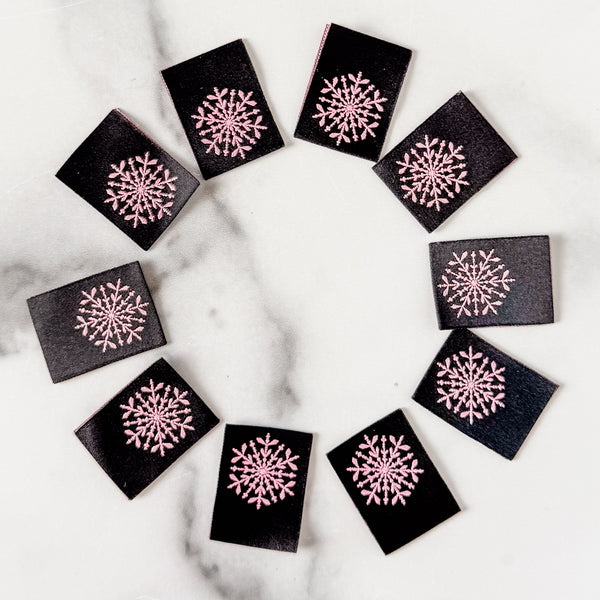 Sew In Fold Over Labels - Pink Snowflake - Set of 10