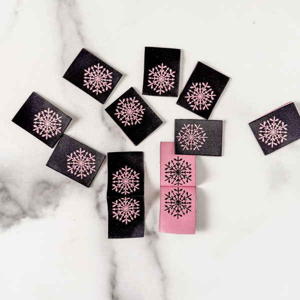 Sew In Fold Over Labels - Pink Snowflake - Set of 10