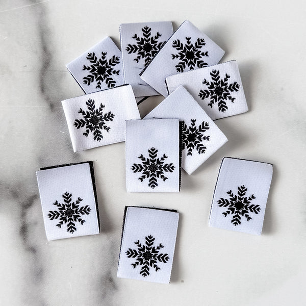 Sew In Fold Over Labels - Black Snowflakes - Set of 10
